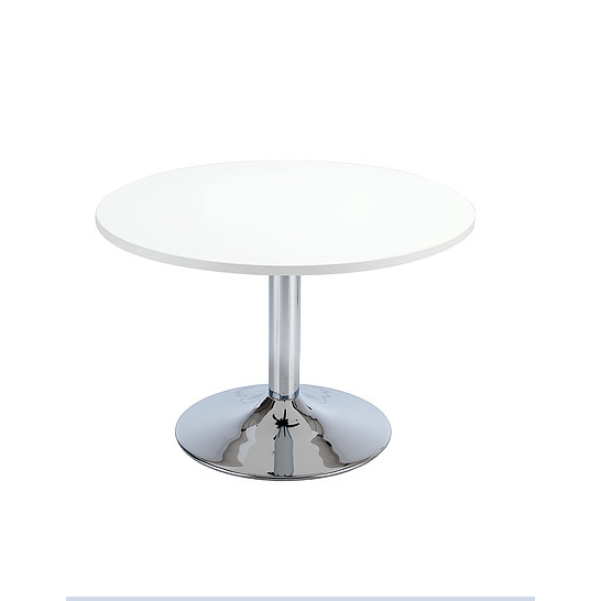 Round coffee table with white top and chrome trumpet base