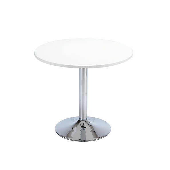 Round table with white top and chrome trumpet base