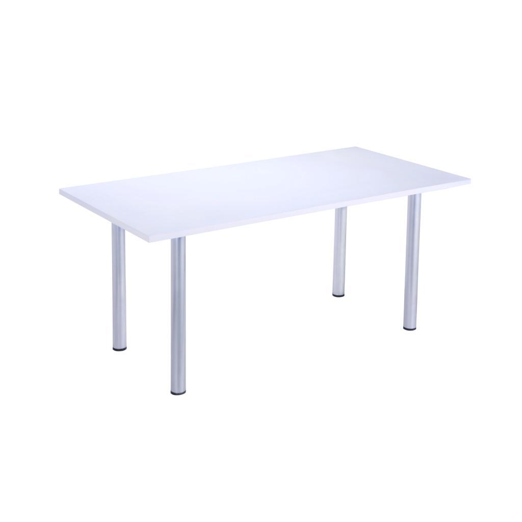 white rectangular table with silver legs 1600 wide 800 deep